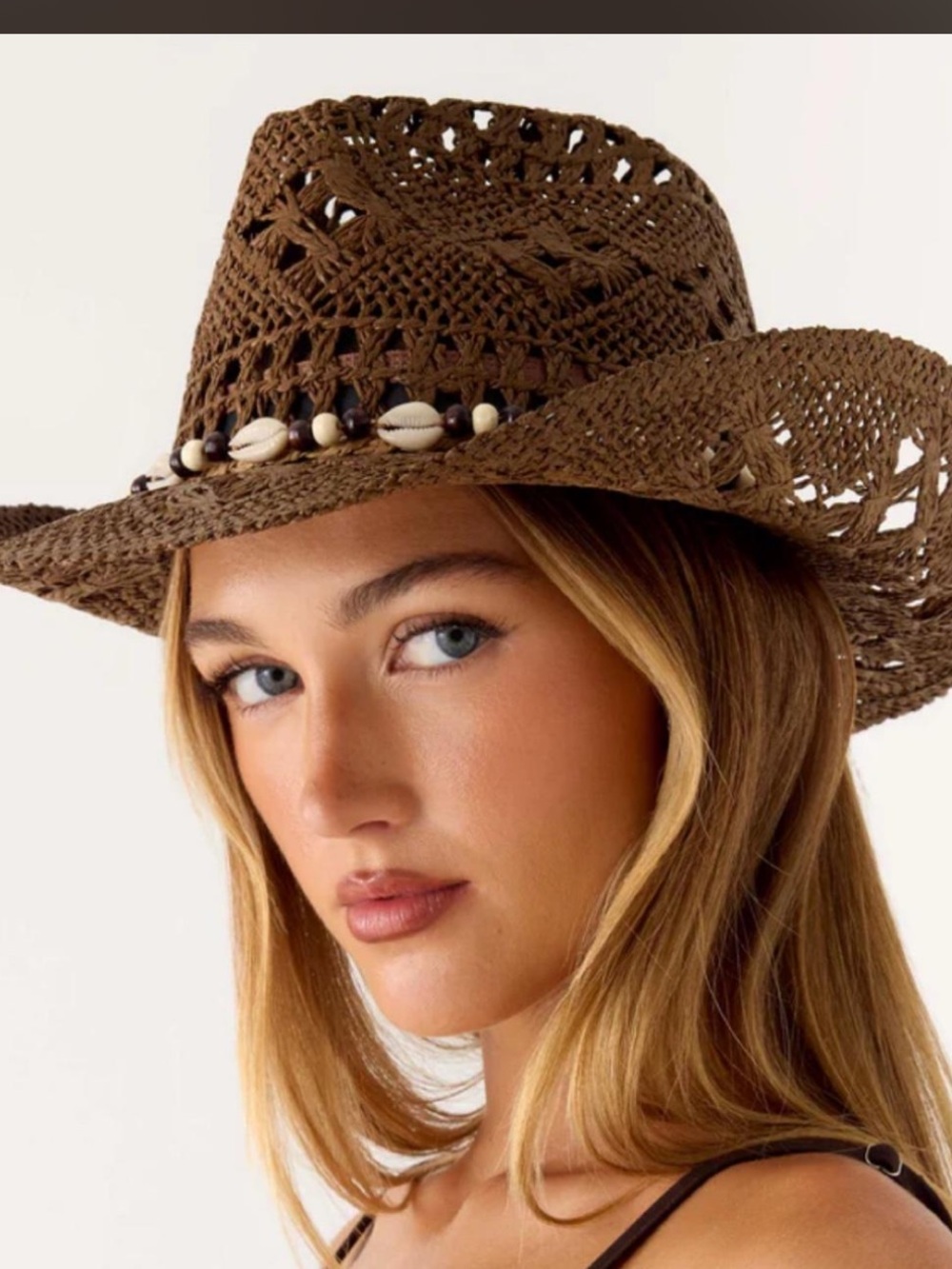 Peppermayo Brown Crochet Cowgirl Hat with Shell Bead Trim